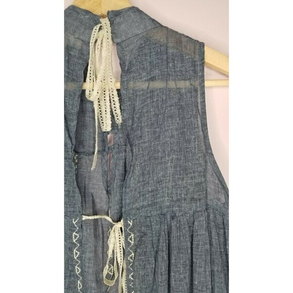 Ryu 100% Cotton Blue Semi Transparent Lace Accent Open Lower Back Blouse Size S - Picture 11 of 12